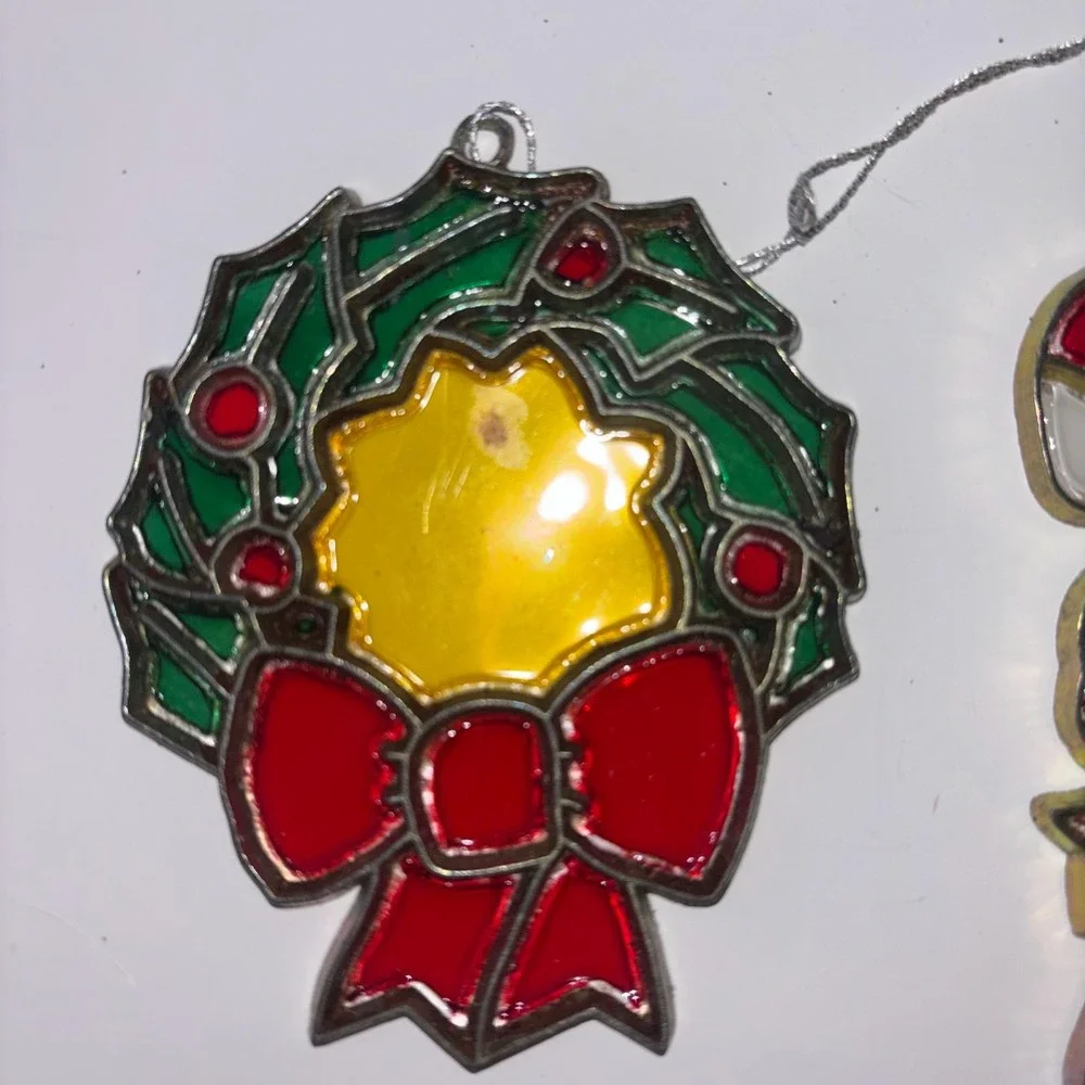 Vtg Christmas Metal Stained Glass Suncatcher Lot 6 Santa Snowman Rocking Horse